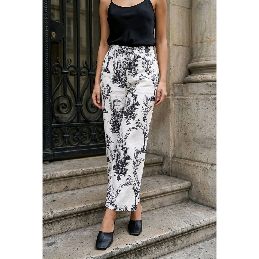βοΈπΈοΈNWTβJoie Cream & Black Print Linen Wide Leg Pants Size 6